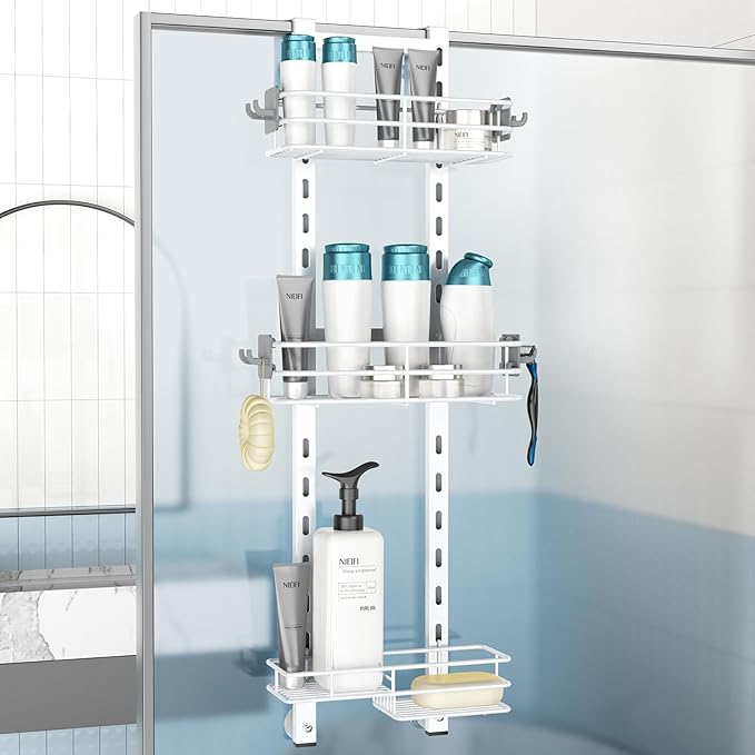 Nieifi Over the Door Shower Caddy, Adjustable 3 Tier Hanging Shower Organizer with Soap Holder Bathroom Shelves with Hooks, White