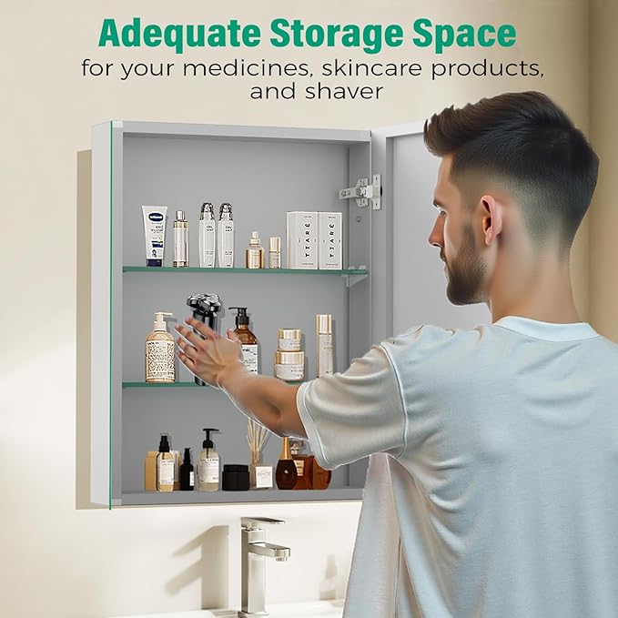 20 x 26 in Medicine Cabinet Mirror,Bathroom Mirror Cabinet with Adjustable Shelves,Aluminum Silver Medicine Cabinets for Bathroom,Recessed or Wall Mounted Medicine Cabinets（Assembly Required