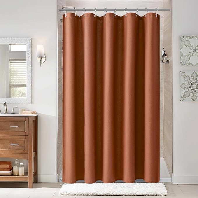Naturoom Terracotta 60 Inch Boho Shower Curtain - Stall Narrow Half Linen Ultra Thick Fabric Shower Curtain Set with Hooks, Farmhouse Rustic RV Camper Bath Curtains for Bathroom, 60x72