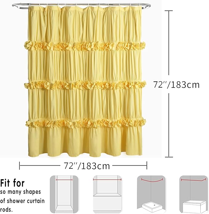 Bright Yellow Shower Curtain, Vintage Handcrafted Bow Tie Bath Curtain for Master Bathroom, Ruched Microfiber Bathroom Curtain with 12 Buttonholes, 72" W x 72" H (LQ-10)