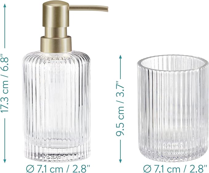 Navaris Glass Bathroom Accessories Set (4 Pieces) - Includes Soap Dispenser, Toothbrush Tumbler, Soap Dish, Cotton Pad Holder - Clear Glass with Gold Metal