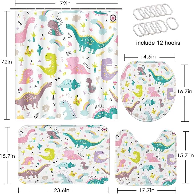 Arttown Dragon Dinosaurs Bathroom Set with Shower Curtain and Rugs and Accessories, Colorful Rainbow Pink, Cute Funny Kids Shower Curtains for Bathroom Decor 4 Pcs