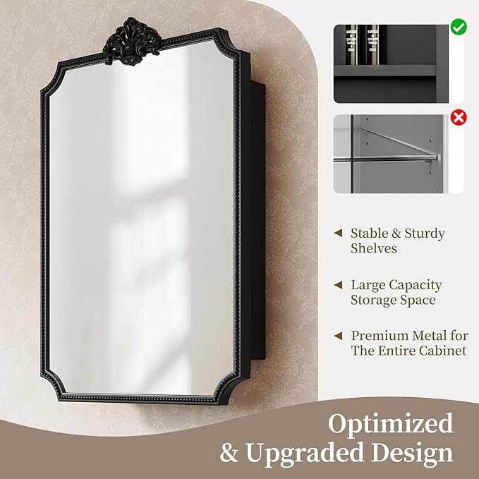 24x36 Inch Medicine Cabinets for Bathroom, Medicine Cabinet Mirror with Storage, Recessed or Surface Mount Medicine Cabinet Mirror，All-Metal Frame, Sturdy & Heavy Shelves, Easy Assembly（Black）