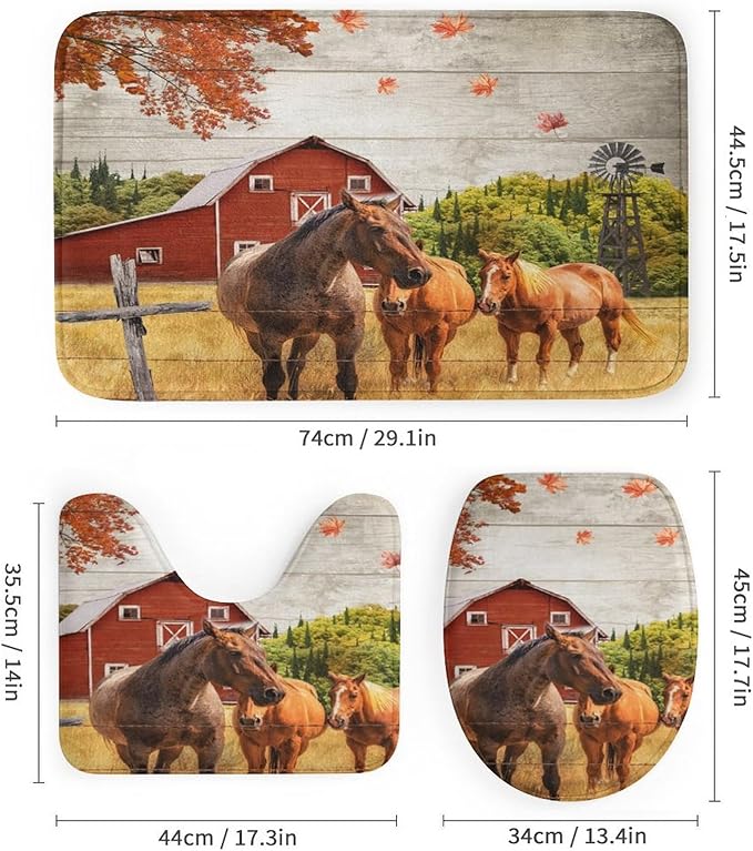 Rustic Farmhouse Horse 4 Pcs Waterproof Shower Curtain Set,Retro Wooden Barn Western Farm Animals Horses Windmills with Waterproof Toilet Cover Shower Mat Rugs