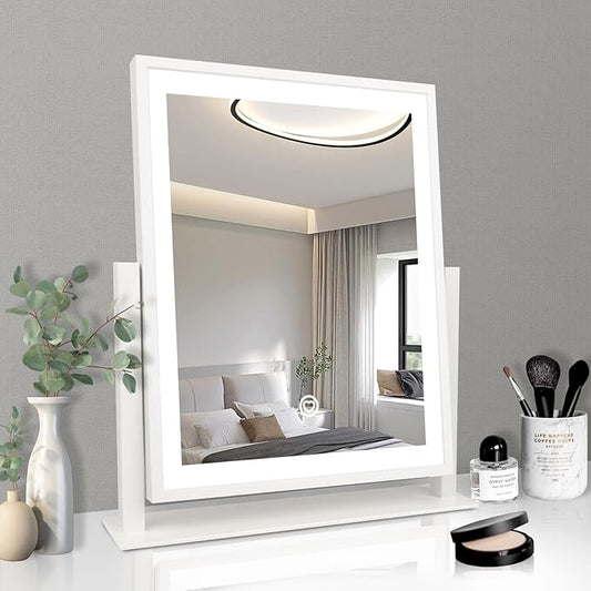 Beelux Vanity Mirror with Lights,15.3" Makeup Mirror with Light Smart Touch Control Dimmable 3 Modes Lighted LED Mirror 360°Rotation White for Christmas Birthday Thanksgiving Mother's Day