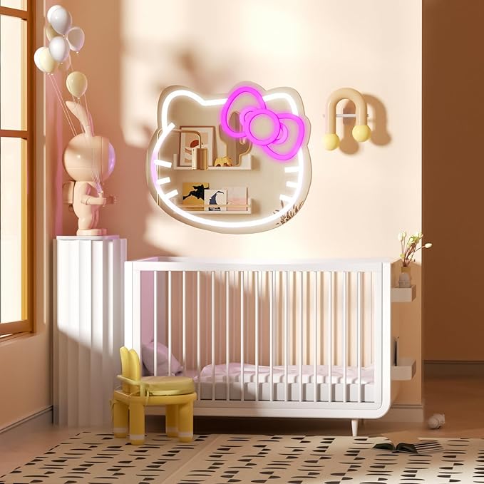 MCJSGSP Anime Hello Kit Cat Neon Sign Mirror L16.1 W14 Vanity Mirror with Lights Bedroom Wall Mirror for Pink Room Decor and a Makeup Mirror with Lights Teen Girl Gifts