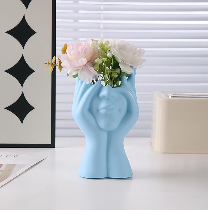 Make Up Brush Holder Organizer Face-Shaped Pen Holder Vase Organizer Abstract Art Face Hand Design Travel Cosmetic Holder | Makeup Organizer For Brushes (blue)
