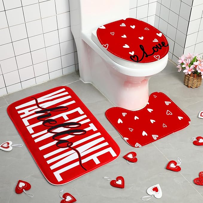 Drydiet 4 Pcs Valentine's Day Shower Curtain Set, Non Slip Rugs Toilet Lid Cover U Shape Bath Mat and 12 Hooks Love Heart Shape Red Bathroom Supplies for Valentines Accessories Decor Set