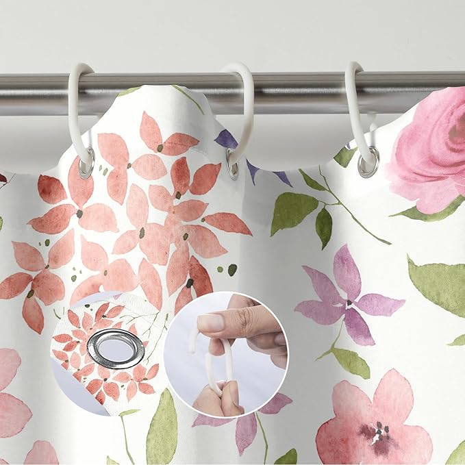 Watercolor Floral and Green Leaves Shower Curtains, Waterproof Fabric Colorful Rustic Ivory Botanical Bathroom Shower Curtain, 72 x 72 Inch