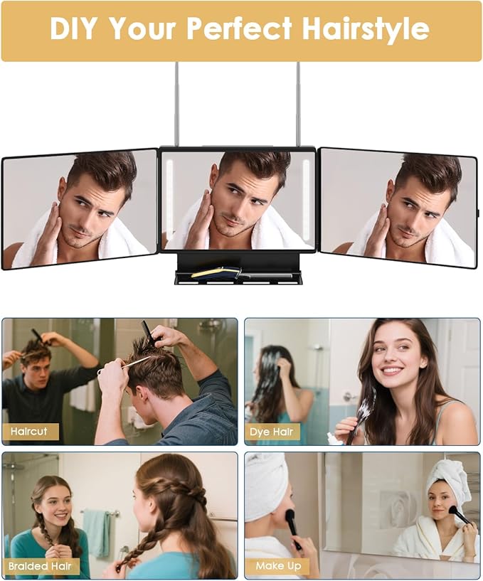 Dripex 3 Way Mirror with Storage Shelf and 3 Color LED Lights, Rechargeable Trifold Self Haircut 360° Mirror with Height Adjustable Hooks for Makeup, Styling, Shaving, Braiding, Dye Hair (Black)