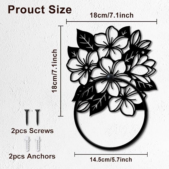 MAYJOYDIY Flower Clusters Metal Towel Ring, Frangipani Flowers Black Hand Towel Holder, Branch Leaves Hanging Ring Wall Mounted Bathroom Accessories for Bathroom Kitchen Home Decoration Gift