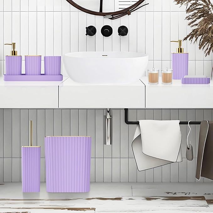 XLHOMO Bathroom Accessories Set - Gorgeous Bathroom Set, 10PC Purple Bathroom Accessory Set, Toilet Brush, Trash Can & Soap Dispenser