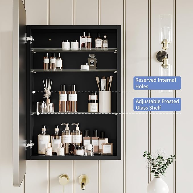 AGDULL Bathroom Wood Black Cabinet with 20''x30'' Brushed Nickel Metal Frame Curved Mirror, Recessed Medicine Cabinet, Bathroom Storage Cabinet