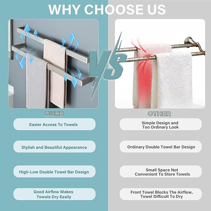 Alise Double Towel Bar, 24" Towel Racks for Bathroom Wall Mounted SUS304 Stainless Steel, Heavy Duty Bathroom Towel Holder, Quick Drying Towel Hanger, Brushed Nickel