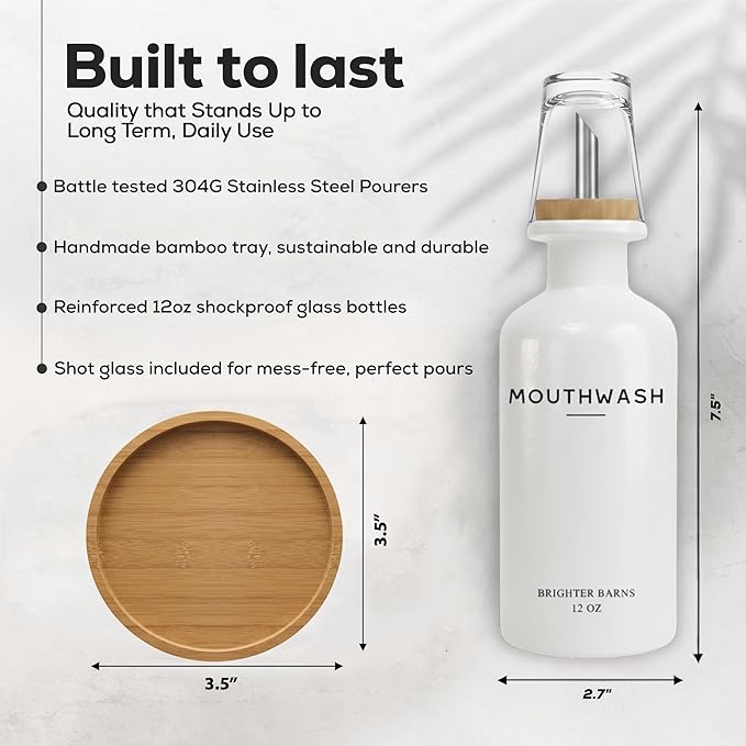 White Glass Mouthwash Dispenser for Bathroom by Brighter Barns - Mouth Wash Dispensers with Stainless Steel Spout, Mouthwash Cup, Tray - Minimalist Bathroom Decor for Hotel, Spa, Dental Office (White)