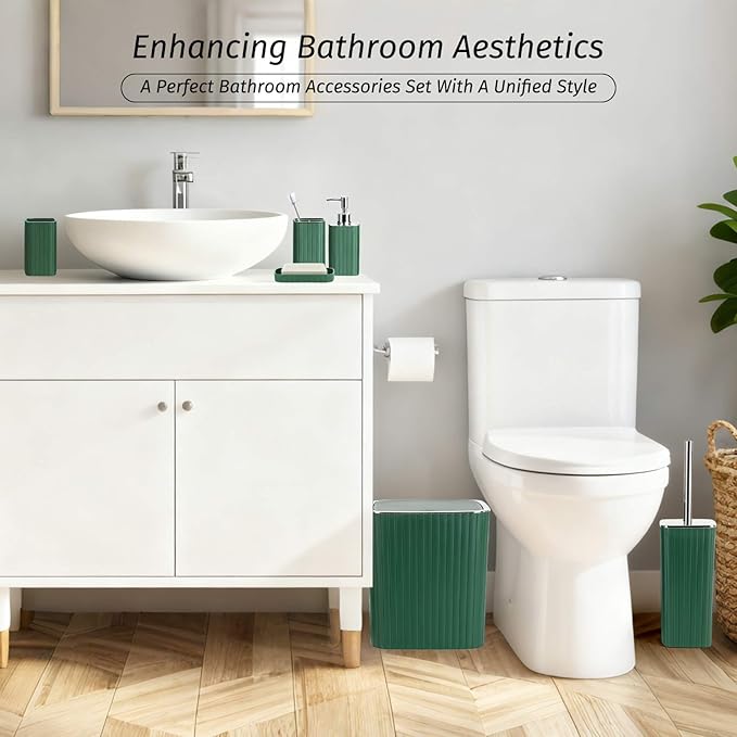 Bathroom Accessories Set - 20PCS Green&Silver Bathroom Set with Shower Curtain, Trash Can, Soap Dispenser, Soap Dish, Toilet Brush, Toothbrush Holder, Tumbler Cup, Q-tip Holders