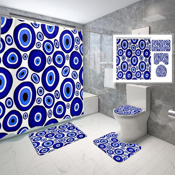 4 Piece Endless Summer Shower Curtain Waterproof Magic Summer Evil Eye Bathroom Sets with Non-Slip Rugs, Toilet Lid Cover and Bath Mat with Standard Size