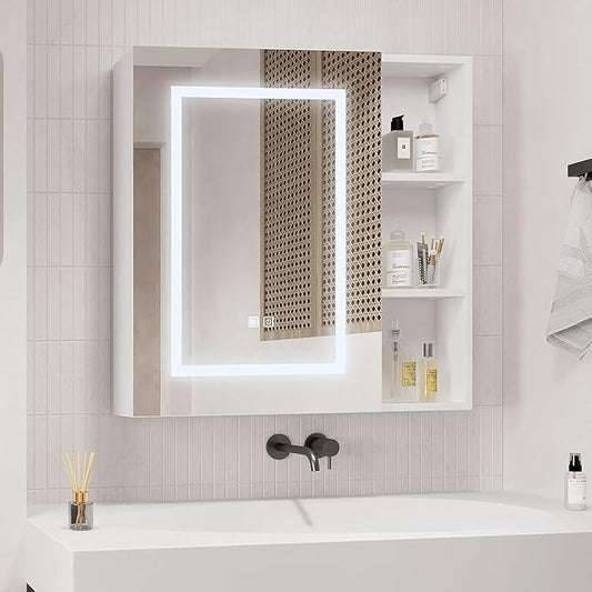 Medicine Cabinets with Light,LED Bathroom Mirror Cabinet with Storage,Mirrored Lighted Medicine Cabinet Wall Mounted,Medicine Cabinets for Bathroom,Botiquin para Baño con Espejo,28X28inch