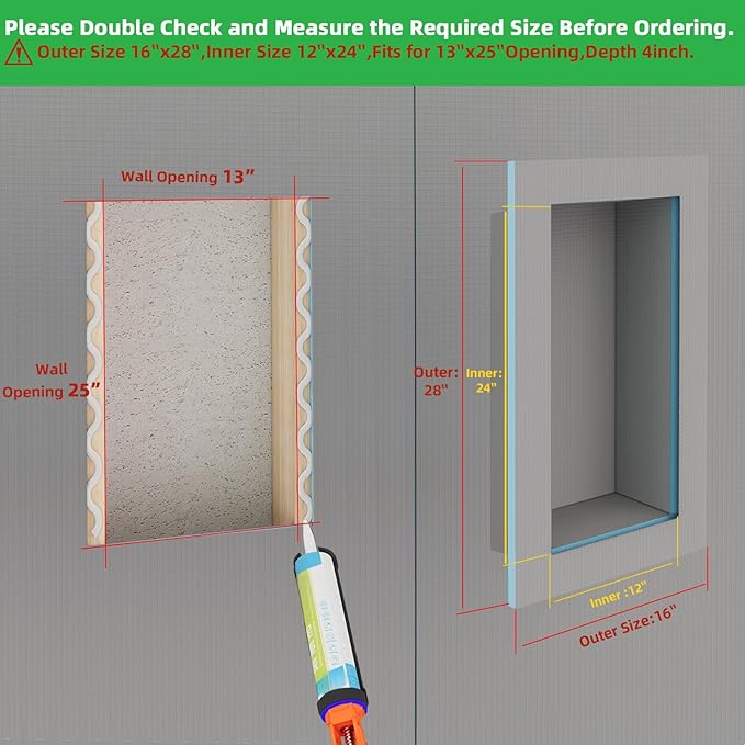 Tile Ready Shower Niche 24"x12" Niche for Shower Wall, Recessed Showers Niches Box Shelf for Bathroom Storage/Remodel,Waterproof and Ready-to-Tile,Outer Size 16"x28",Depth 4”