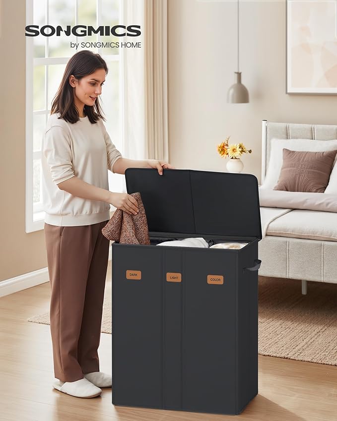 SONGMICS 47.6 Gallon (180 L) Laundry Hamper, 3-Compartment Laundry Basket Sorter with Lid, Labels, Removable Liner Bags, for Bedroom, Ink Black URLH013B01
