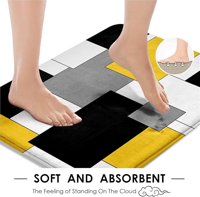Yellow Geometric Shower Curtain Set with Toilet Lid Cover and Non-Slip Rugs for Bathroom, Black White Grey Checkered 4 Pcs Shower Curtain, Modern Abstract Bathroom Set with 12 Hooks