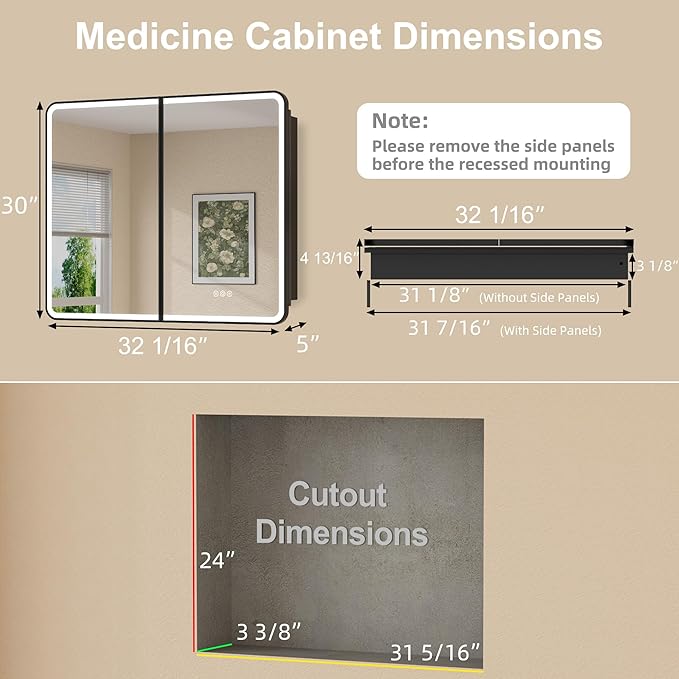 32 x 30 Inch LED Medicine Cabinet with Mirror, UL Certified Dimmable Lighted Bathroom Mirror Cabinet, Anti-Fog & Memory Function, 3 Color Modes, Recessed or Wall Mounted, Adjustable Shelf, Black