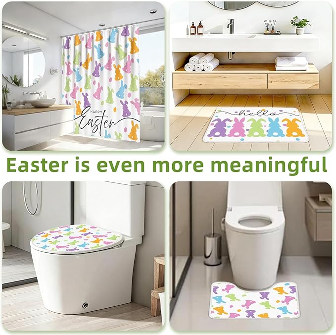 Easter Shower Curtain Set for Bathroom, Easter Bunnys Shape Bathroom Supplies for Bunny Accessories Decor Set, Non Slip Rugs Toilet Lid Cover U Shape Bath Mat and 12 Hooks