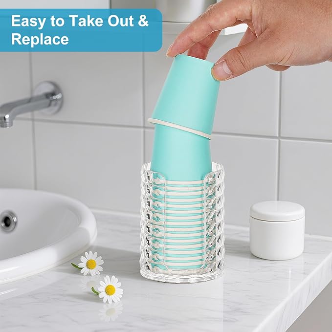 Bathroom Cup Dispenser, Mouthwash Cup Holder for 3oz Small Disposable Rinsing Cups Storage, Compact Paper Cups Organizer, Vanity Cotton Pads Holder - 1 Pack Clear