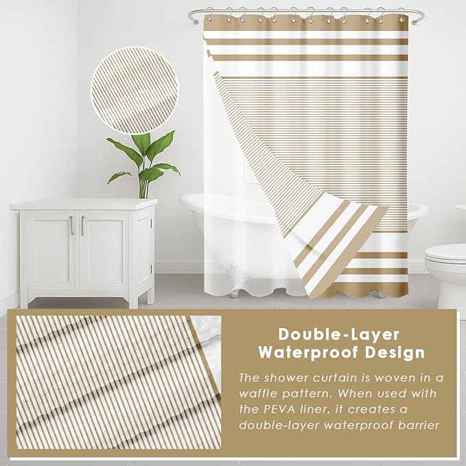 Britimes Beige Bathroom Sets with Shower Curtain and Rugs, Modern Striped Minimalist Style Waterproof Shower Curtain Liner and Soft Non Slip Bath Mat for Bathroom Decor and Accessories Hooks