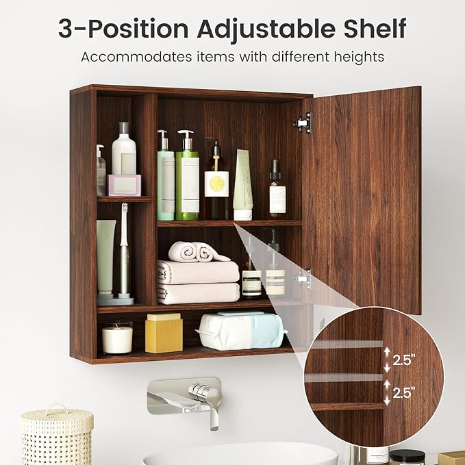 Giantex Bathroom Medicine Cabinet with Mirror, Wall Mounted Medicine Cabinet w/Single Door, 3 Open Shelves & Adjustable Shelf, Space-Saving Hanging Storage Cabinet for Living Room, Hallway (Walnut)