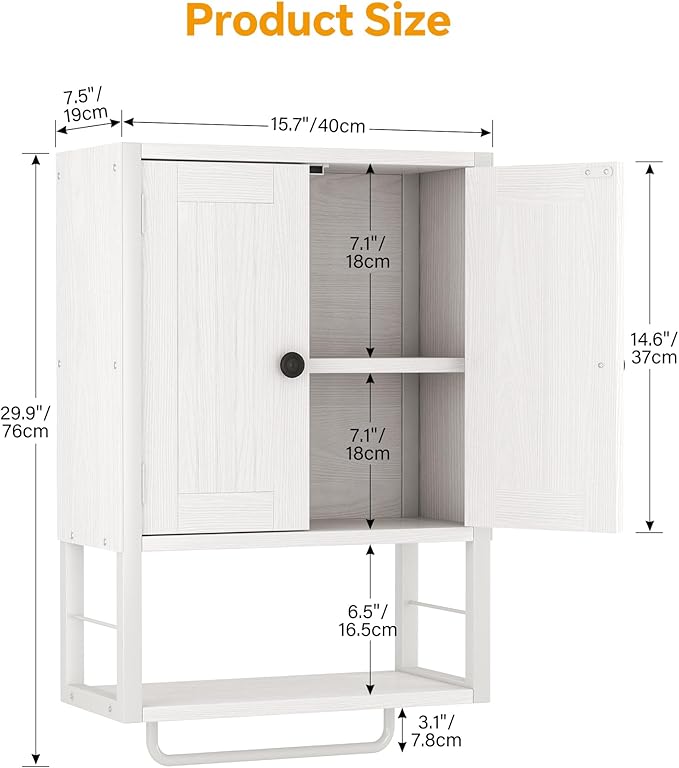 Homeiju Rustic Wall Mounted Medicine Cabinet, White Wood Storage Cabinet with Two Barn Doors, Shelf and Towel Bar for Bathroom, Living Room, Kitchen, White
