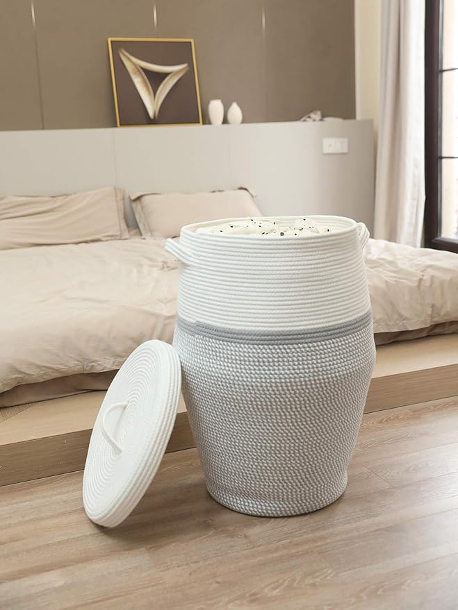 26" x 20" Handcrafted Tall Cotton Rope Basket with Lid, Stylish Flagon Shape with Cover, Clothes Hamper with Top, for Bedroom and Living Room, White/Grey Mix
