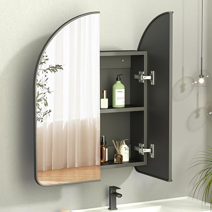 Arched Medicine Cabinet with Mirror,PVC Arched Black Medicine Cabinets Mirror,24x28 Mirrored Medicine Cabinets for Bathroom Mirror Cabinet,Surface Mount Medicine Cabinet,botiquines de baño