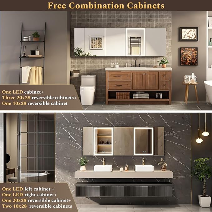 Spliceable Modular LED Lighted Bathroom Medicine Cabinet Mirror with Anti-Fog Aluminum Frame, Adjustable Lighting, Built-in Sockets & USB Ports – Wall Mounted (Left Hinge, 28" L x 20" W)