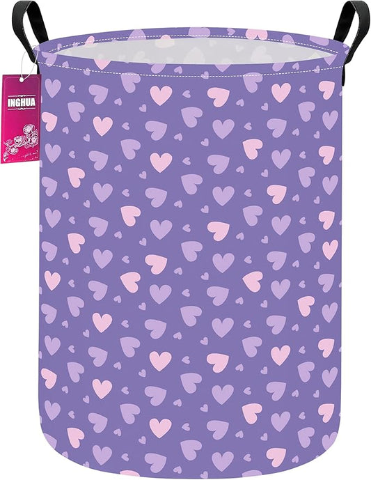 Laundry Hamper Large Canvas Fabric Lightweight Storage Basket/Toy Organizer/Dirty Clothes Collapsible Waterproof for College Dorms, Boys and Girls Bedroom,Bathroom(Purple hearts)