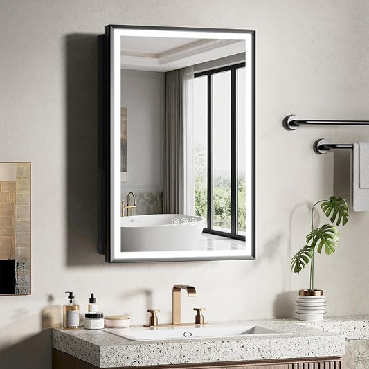 16X24 Inches Framed Medicine Cabinet with Lights, Bathroom Medicine Cabinet with 3-Color/Dimmable, Anti-Fog, Plug-in & Hardwired, Surface Mount & Recessed