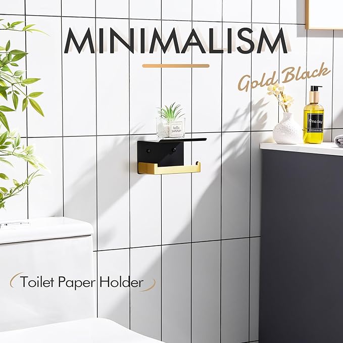 KOKOSIRI Toilet Paper Holders with Shelf Bathroom Toilet Paper Roll Holder Wall Mounted T-304 Stainless Steel, Matte Black and Gold B2010GDK