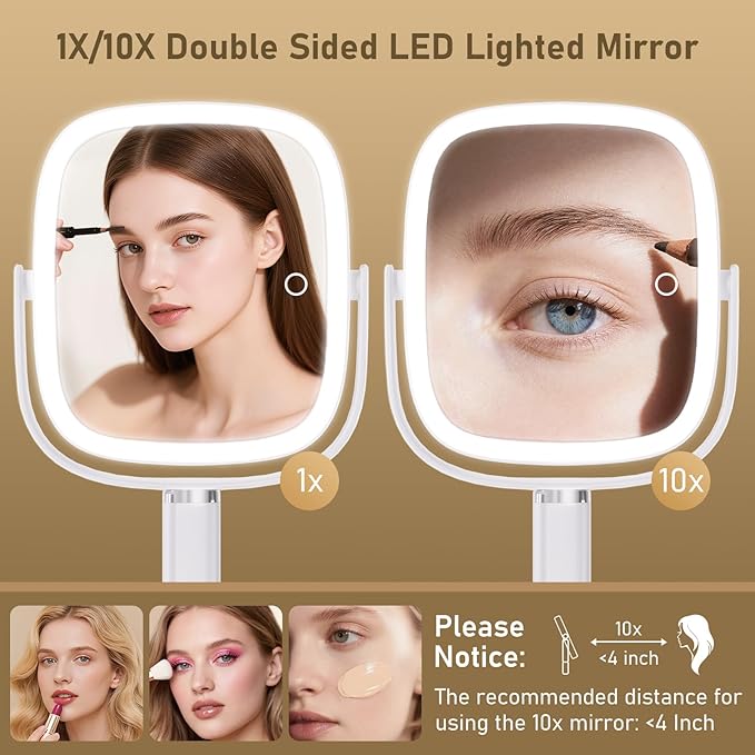 FRANO Vanity Mirror with Lights, Rectangular Lighted Makeup Mirror with 3 Color Lights, 1X/10X Magnification, Adjustable Height, 360° Rotation, 4000mAh Rechargeable for Desk, Gifts for Women