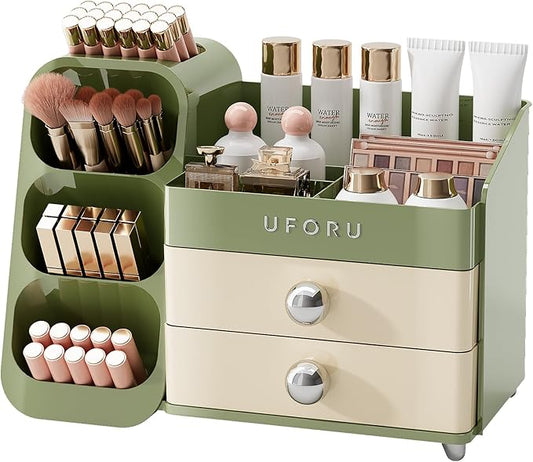 Makeup Organizer for Vanity with Brush Holder, Countertop Skincare Organizer with 2 Drawers, Spacious Cosmetic Display Case for Perfumes, Eyeshadow Palettes, Nail Polishes