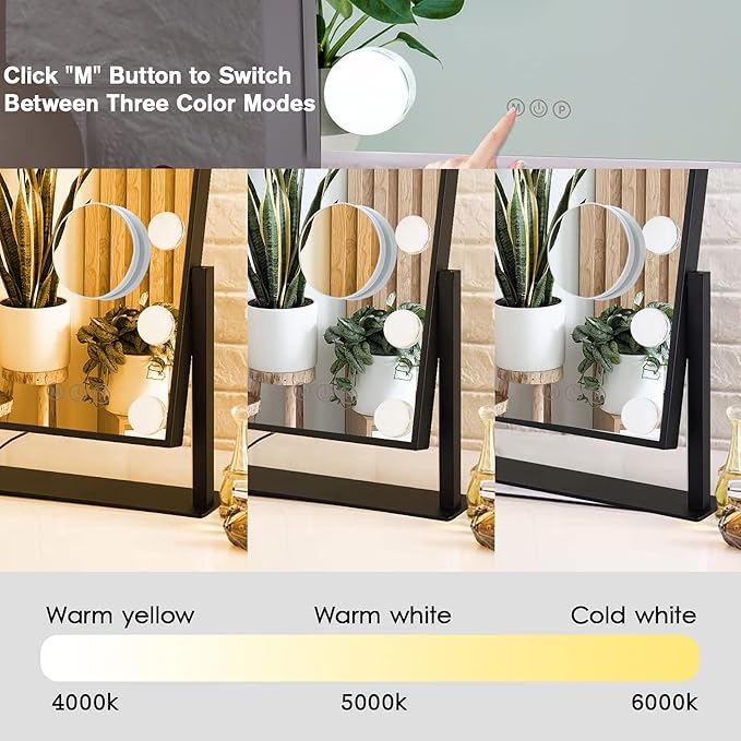 BWLLNI Lighted Makeup Mirror Hollywood Mirror Vanity Mirror with Lights, Touch Control Design 3 Colors Dimable LED Bulbs, Detachable 10X Magnification, 360°Rotation, Black.