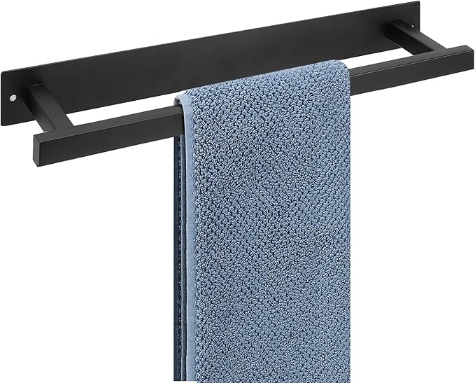 Self Adhesive Towel Bar, 16 Inch Square Towel Racks for Bathroom Wall Mounted SUS304 Stainless Steel Towel Hanger for Kitchen, No Drill or Screw-Mounted Towel Holder (Matte Black)