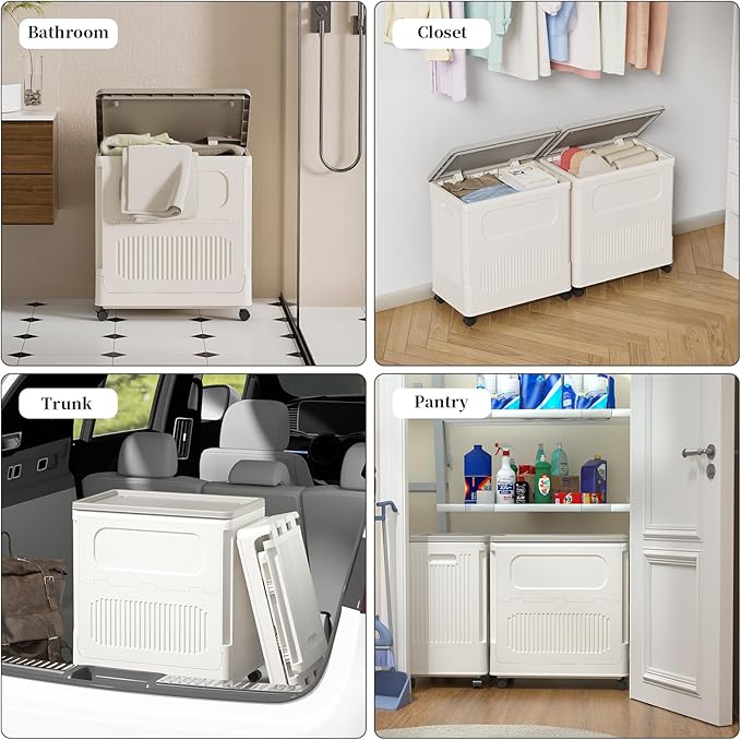 HAIXIN HOME Slim Rolling Laundry Hamper with Lid, 60L Foldable Plastic Laundry Basket on Wheels with Handle, Dirty Clothes Hamper Cart for Narrow Spaces, Bedroom, Bathroom, Closet, Dorm, Under Table