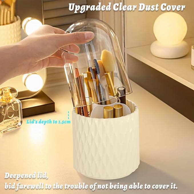 VNIMTI 360??Smooth Rotating Makeup Brush Holder with Dustproof Lid Spinning Vanity Organizer for Beauty Lipstick Perfume,Brushes Storage Container,Countertop,Dressing Table,Bathroom Desk (White)