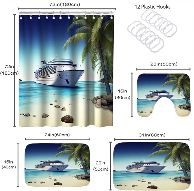 Beach Ocean Coastal Bathroom Sets with Modern Palm Tree Shower Curtain and 20 x 31 Rugs Bathroom Accessories Sets Decor with Bath Rug, Bath Mat, U-Shaped Contour and Hooks 72 x 72 Inch
