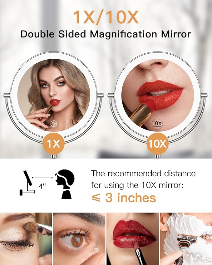 Gospire 9” Wall Mounted Lighted Magnifying Mirror, 1X/10X Magnification Double-Sided LED Bathroom Mirror, 3 Color Lights & Stepless Dimming with Touch Sensor, Extendable Arm 360° Swivel for Shaving
