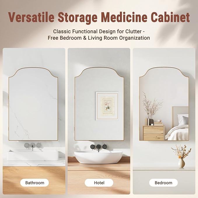 16x24 Inch Medicine Cabinet - Surface Mount or Recessed Bathroom Mirror Cabinet with Storage, Metal Framed, Sturdy & Easy Installation（Gold）