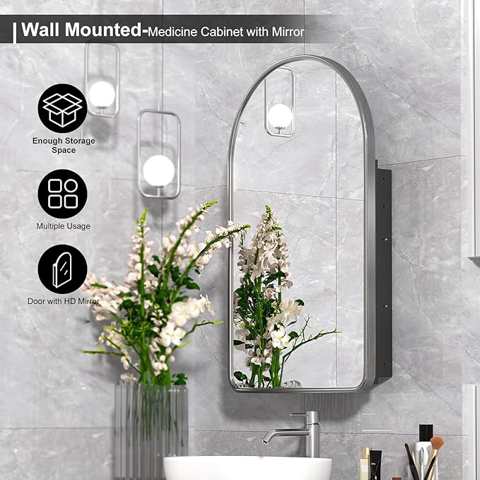 20x31 Inch Arched Medicine Cabinet with Mirror - Metal Framed Recessed Bathroom Storage, Recessed Arched Medicine Cabinet for Bathroom ,Oil Rubbed Nickel Finish, Rust-Resistant ,Adjustable Shelves