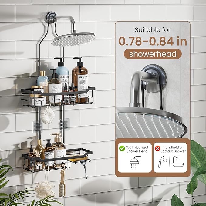 Skyapex Hanging Shower Caddy Over Showerhead: Extra Long Adjustable Height Shower Organizer, Rustproof Shower Shelf Rack with Soap Holder for Large Shampoo Bottles
