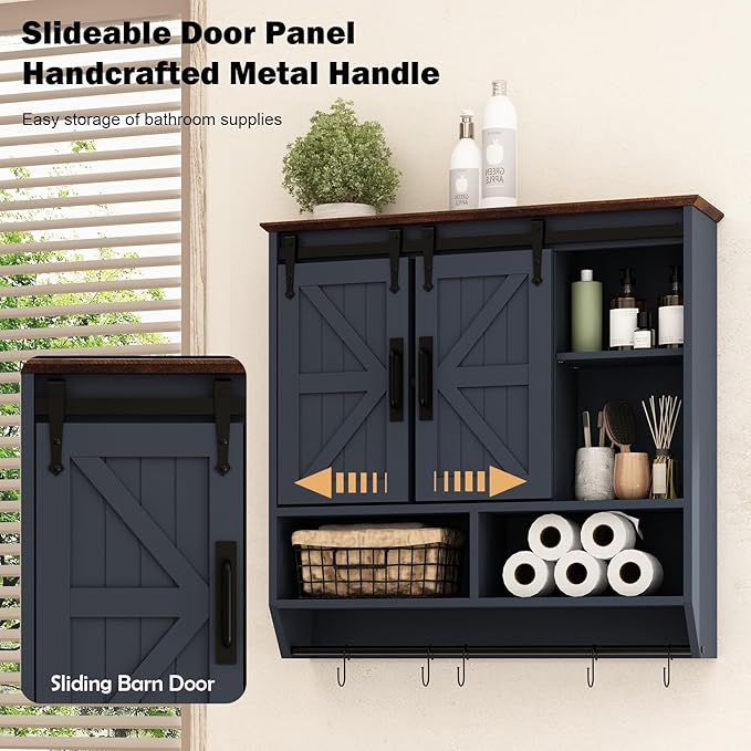 RUSTOWN Farmhouse Bathroom Wall Cabinet,3-Tier Rustic Wood Wall Mounted Cabinets,Vintage Medicine Cabinet with Sliding Barn Door and Adjustable Shelves,Over The Toilet Storage Cabinet (Navy Blue)