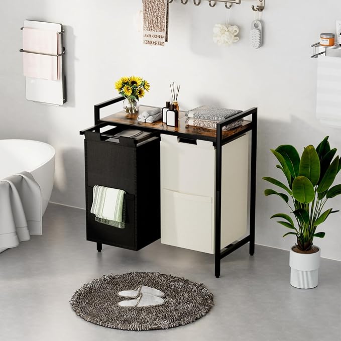 Huhote Double Compartment Laundry Basket, Laundry Sorter with Top Shelf, 2 Removable Washable Bags, Side Pockets, Black & White